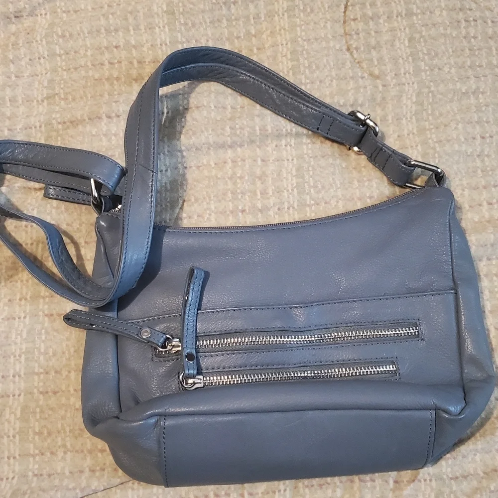 Great American Leatherworks Blue Grey Granada Double Top Zip Shoulder Bag - Picture 2 of 9